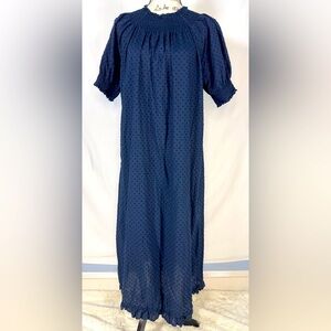 Quince Swiss Dot  Midi Nap Dress Smocked Neck Puff Sleeve XL Navy Blue Cotton